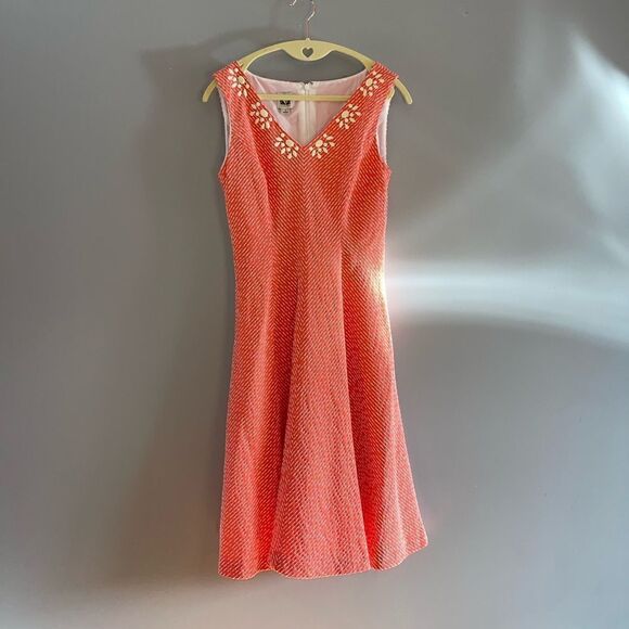 Ann Klein Textured Sleeveless Fit & Flare Embellished Dress in Coral/Orange - Picture 1 of 13